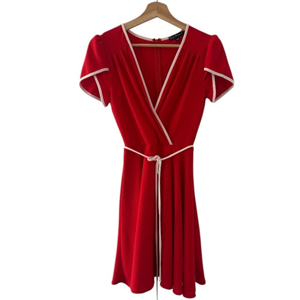 Vintage Smak Parlour Red Dress XS Fit & Flare Surplice Faux Wrap Retro Glam